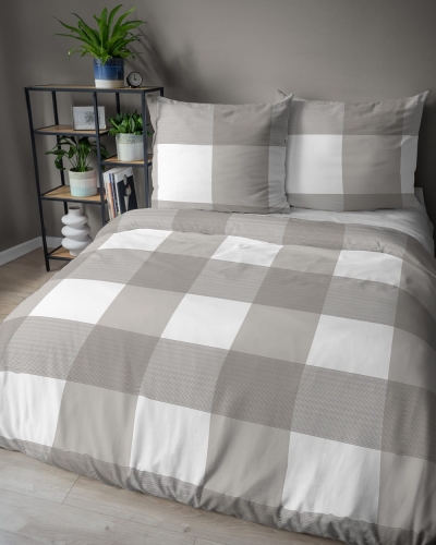 Pościel flanelowa beżowo biała 220x200 w dużą kratę 
