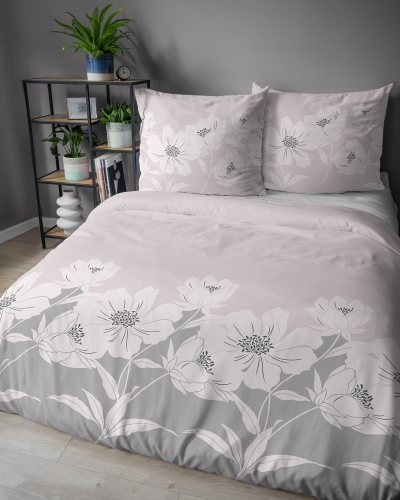 Pościel flanelowa różowo popielata 220x200 w kwiaty