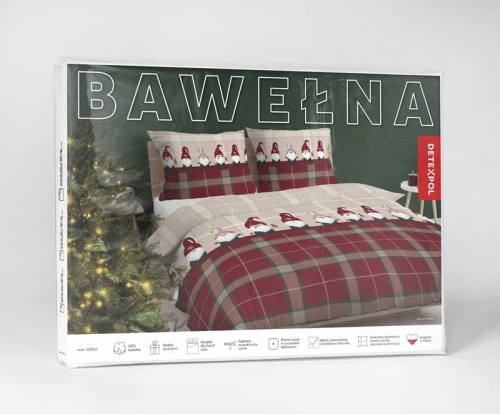 Świąteczna pościel bawełniana czerwono beżowa 220x200 Gnomy