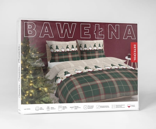 Świąteczna pościel bawełniana zielono beżowa 220x200 Gnomy