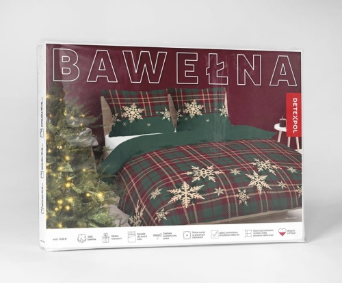 Świąteczna pościel bawełniana zielona krata 220x200 Śnieżynki