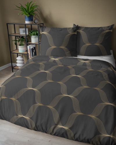 Pościel satyna bawełniana czarna 220x200 w złote fale Home Satin