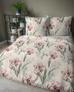 Pościel satyna bawełniana kremowa 220x200 w różowe irysy Home Satin