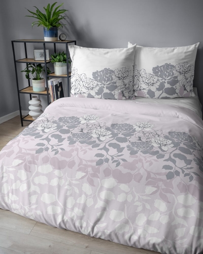 Pościel satyna bawełniana różowo biała 160x200 w kwiaty i liście Home Satin