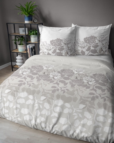 Pościel satyna bawełniana beżowo biała 220x200 w kwiaty i liście Home Satin