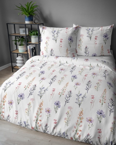 Pościel satyna bawełniana biała 220x200 w polne kwiaty Home Satin