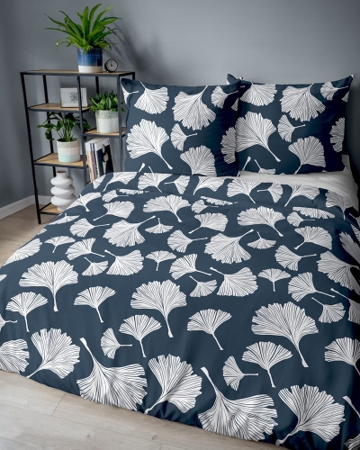 Pościel bawełniana 100% granatowa 160x200 w liście miłorzębu