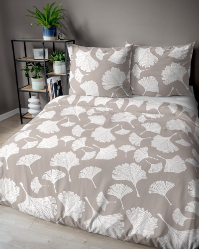 Pościel bawełniana 100% beżowa 220x200 w liście miłorzębu