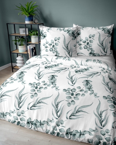 Pościel bawełniana 100% biała 220x200 w zielone liście eukaliptusa