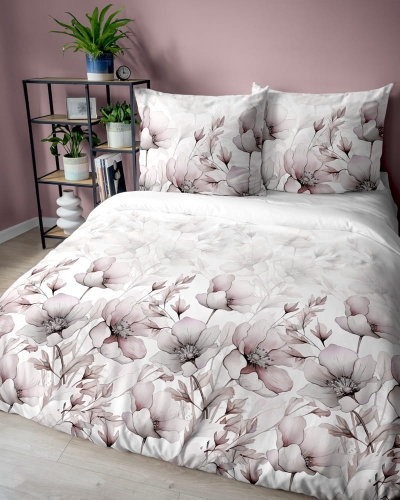 Pościel bawełniana 100% biała 160x200 w akwarelowe kwiaty w pastelowych odcieniach różu i beżu
