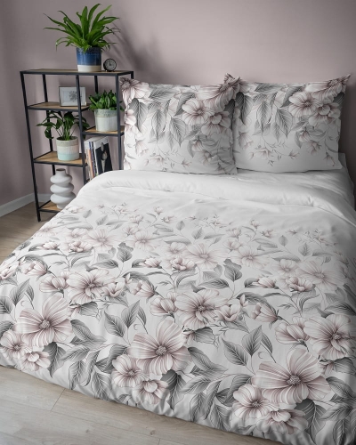 Pościel z satyny bawełnianej 160x200 Home Satin w beżowo-szaro-różowe kwiaty