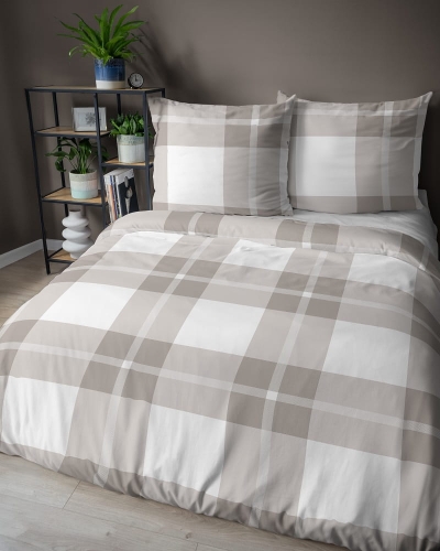 Pościel z satyny bawełnianej beżowo biała 220x200 Home Satin klasyczna krata