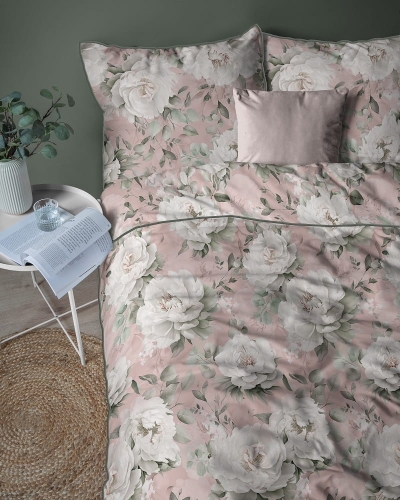Pościel z perkalu różowa 220x200 piwonie Lame Percale