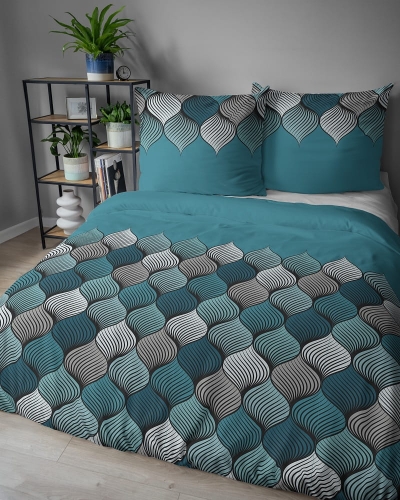 Komplet pościeli z satyny bawełnianej turkusowej 160x200 w geometryczny wzór