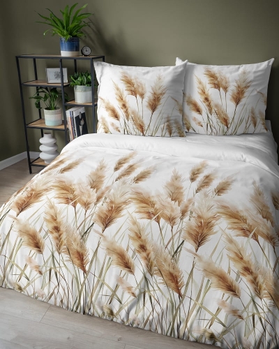 Komplet pościeli z satyny bawełnianej białej 220x200 w kłosy traw pampasowych Home Satin