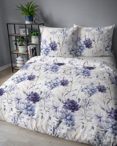 Komplet pościeli z satyny bawełnianej 220x200 w granatowe peonie i hortensje Home Satin