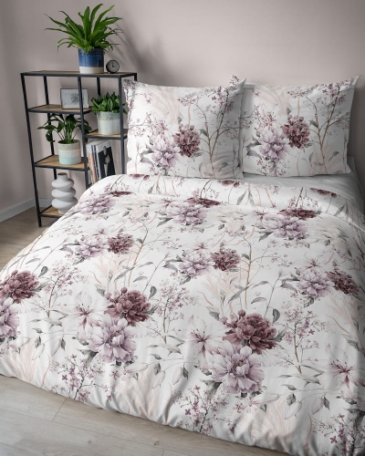 Komplet pościeli z satyny bawełnianej 220x200 w bordowe peonie i hortensje Home Satin