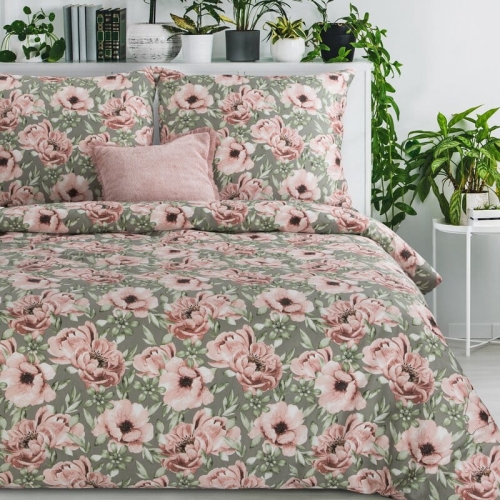 Komplet pościeli z bawełny satynowej oliwkowej Spring 160x200 w różowe kwiaty