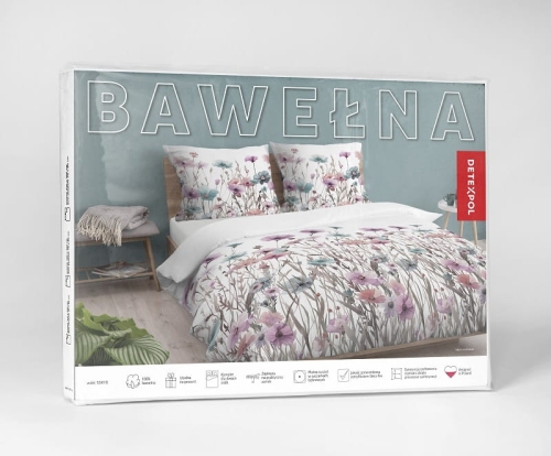 Pościel bawełniana biała 100% 180x200 w turkusowe i różowe kwiaty polne
