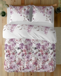 Komplet pościeli z satyny bawełnianej 160x200 w fioletowe i pudrowo różowe kwiaty Home Satin