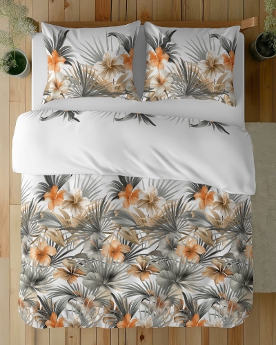 Komplet pościeli z satyny bawełnianej 220x200 w pomarańczowe hibiskusy Home Satin