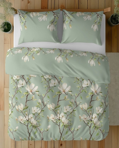 Komplet pościeli z satyny bawełnianej pastelowo zielona 160x200 w kwitnące magnolie Home Satin
