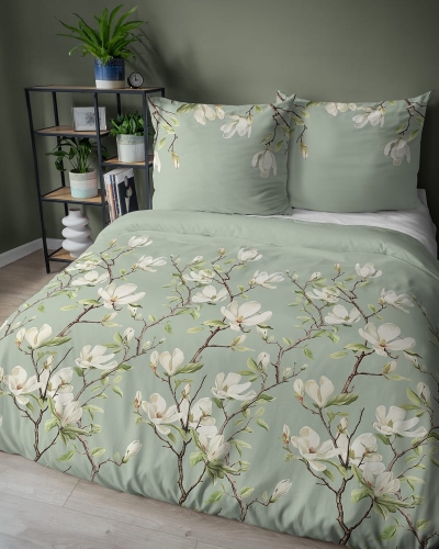 Komplet pościeli z satyny bawełnianej pastelowo zielona 220x200 w kwitnące magnolie Home Satin