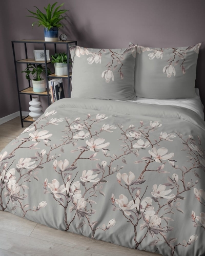 Komplet pościeli z satyny bawełnianej popielatej 160x200 w kwitnące magnolie Home Satin