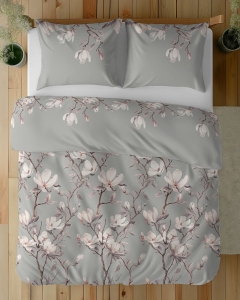 Komplet pościeli z satyny bawełnianej popielatej 220x200 w kwitnące magnolie Home Satin