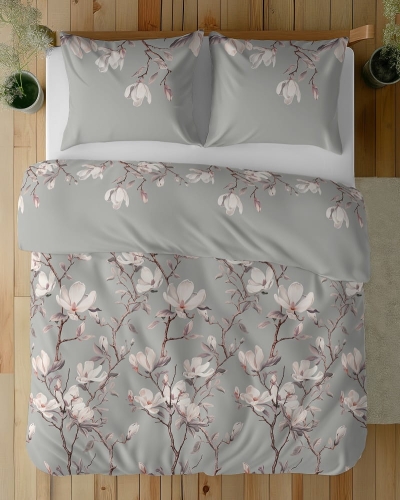 Komplet pościeli z satyny bawełnianej popielatej 220x200 w kwitnące magnolie Home Satin