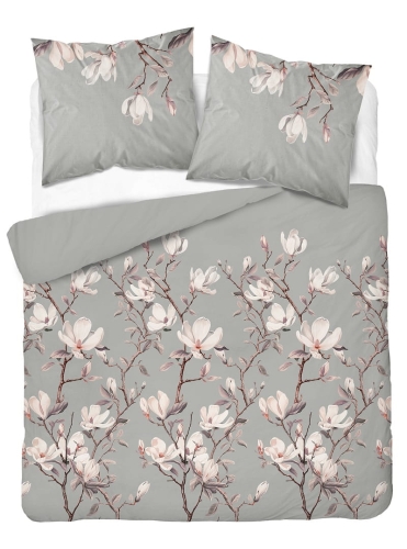 Komplet pościeli z satyny bawełnianej popielatej 220x200 w kwitnące magnolie Home Satin