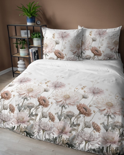 Komplet pościeli z satyny bawełnianej 220x200 w pudrowe, beżowe i kremowe kwiaty Home Satin