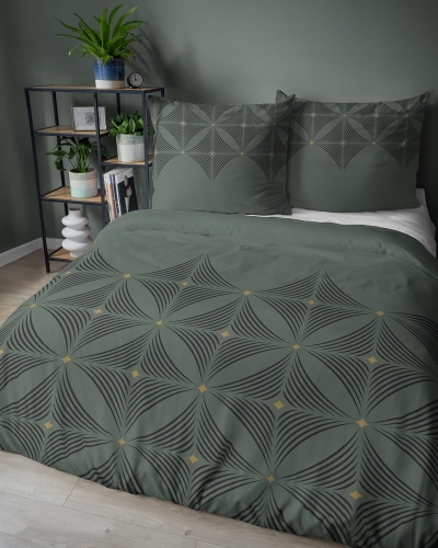 Komplet pościeli z satyny bawełnianej zielonej 220x200 w geometryczny wzór Home Satin