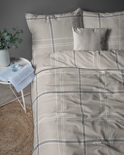 Pościel z perkalu 220x200 Klasyczna Beżowa Krata Lame Percale
