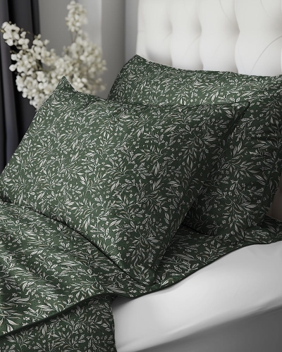 Pościel z perkalu zielona 160x200 Roślinny Wzór Lame Percale