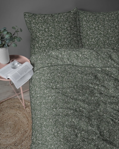 Pościel z perkalu zielona 160x200 Roślinny Wzór Lame Percale
