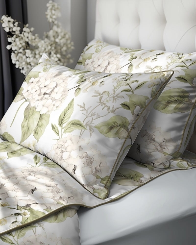 Pościel z perkalu 160x200 Kremowe Hortensje Lame Percale