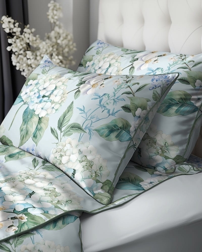 Pościel z perkalu 160x200 Błękitna W Hortensje Lame Percale 