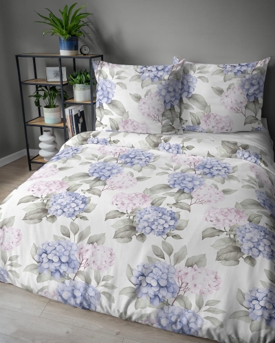 Komplet pościeli z satyny bawełnianej 160x200 w błękitne hortensje Home Satin
