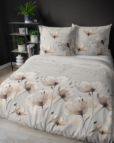 Komplet pościeli z satyny bawełnianej 220x200 w beżowe maki