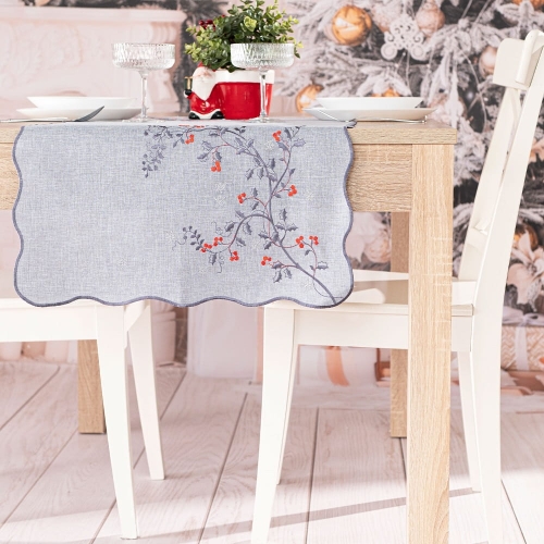 Bieżnik świąteczny haftowany szary 40x140 Jarzębina
