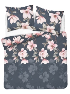 Pościel flanelowa granatowej 160x200 w różowe magnolie