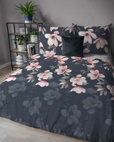 Pościel flanelowa granatowej 160x200 w różowe magnolie