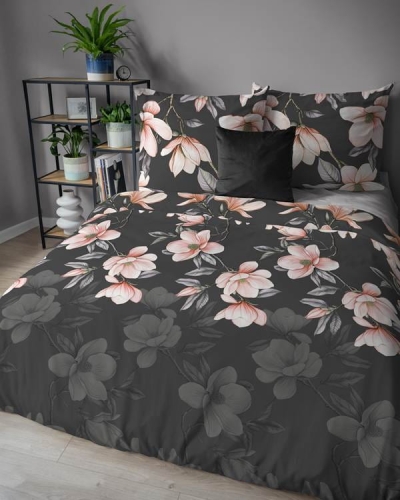 Pościel flanelowa grafitowej 160x200 w różowe magnolie