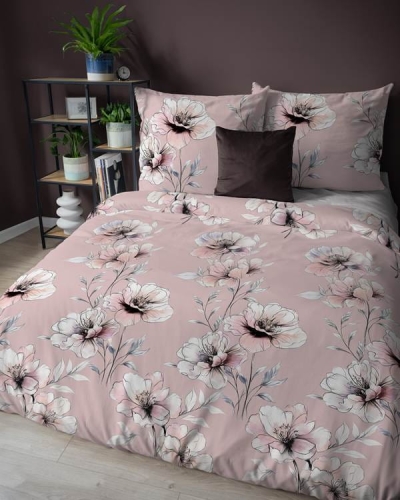 Pościel flanelowa pudrowo różowa 160x200 w kwiaty