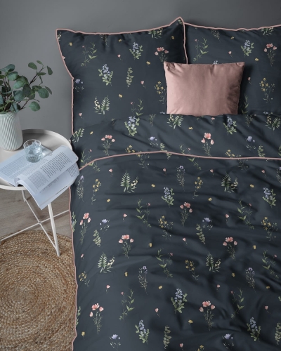 Pościel z perkalu granatowa 160x200 Polne Kwiaty Lame Percale