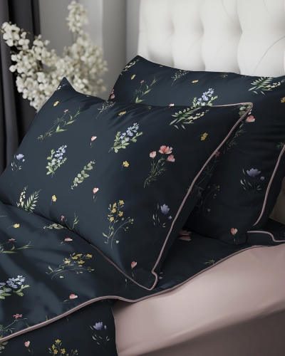 Pościel z perkalu granatowa 220x200 Polne Kwiaty Lame Percale