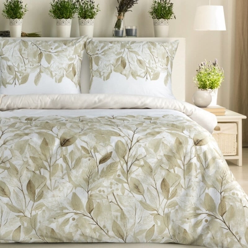 Komplet pościeli z bawełny satynowej w liście Spring 160x200 w beżu i złamanej bieli
