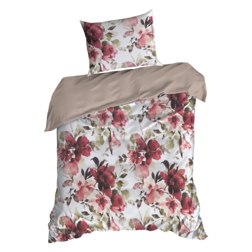 Komplet pościeli z bawełny satynowej Spring 140x200 w czerwone, bordowe i pudrowe kwiaty