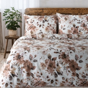 Komplet pościeli z bawełny satynowej Spring 160x200 beżowe, brązowe i pudrowe kwiaty